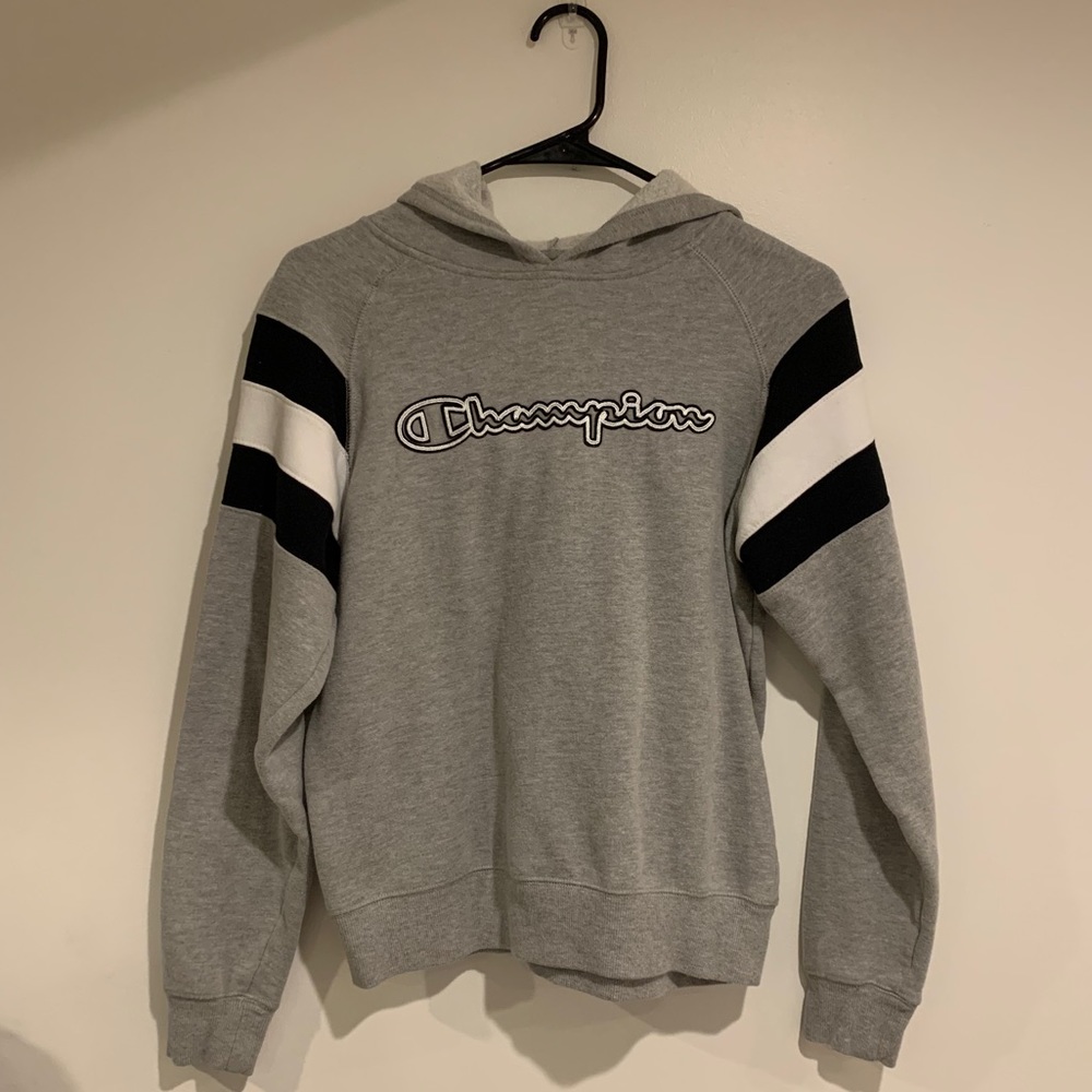 grey black and white champion sweatshirt hoodie